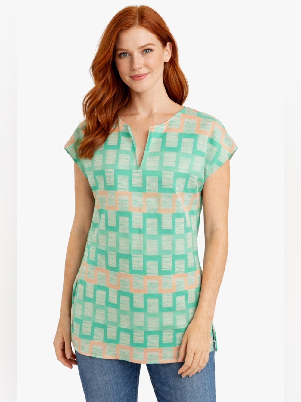 Vintage 70s Geometric Polyester Top Green Mod Tunic retro Short Sleeve Blouse